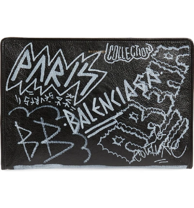Balenciaga Graffiti Embellished Lambskin Pouch - Black