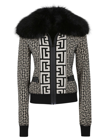 Balmain Faux Fur Collar Monogram Jacket In Gfe Ivoire Noir