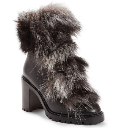 Christian Louboutin Fanny Calf Red Sole Booties With Fur Trim In Black/ Grey