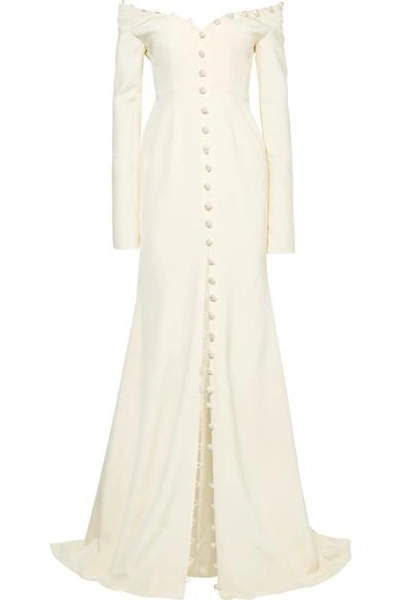 Danielle Frankel Off-the-shoulder Pearl-embellished Silk-crepe Gown In Ivory