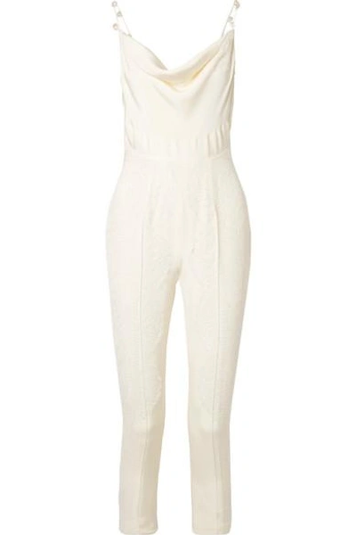 Danielle Frankel Pearl-embellished Chantilly Lace-trimmed Silk Crepe De Chine Jumpsuit In Ivory