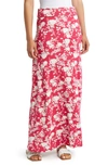 Loveappella Floral Roll Top Maxi Skirt In Magenta/ Ivory