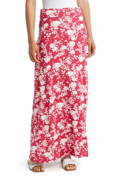 Loveappella Floral Roll Top Maxi Skirt In Magenta/ Ivory