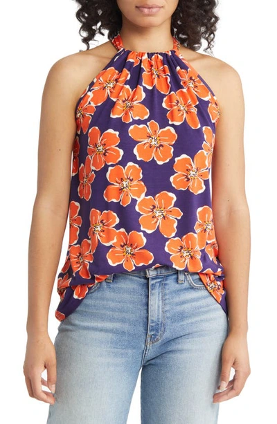 Loveappella Floral Print Tank In Navy/ Coral