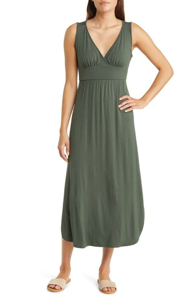 Loveappella Sleeveless V-neck Jersey Midi Dress In Olive