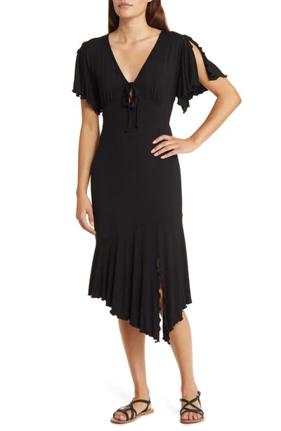 Loveappella Flouncy Tie Front Asymmetric Hem Sheath Dress In Black