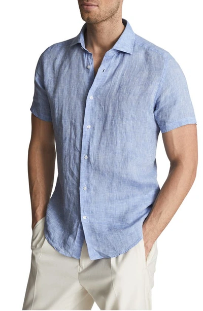 Reiss Holiday Short Sleeve Linen Button-up Shirt In Soft Blue