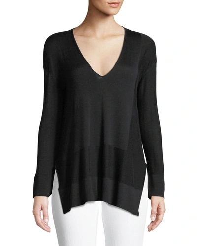 Urban Zen V-neck Long-sleeve Silk-cotton Knit Pullover Sweater In Black