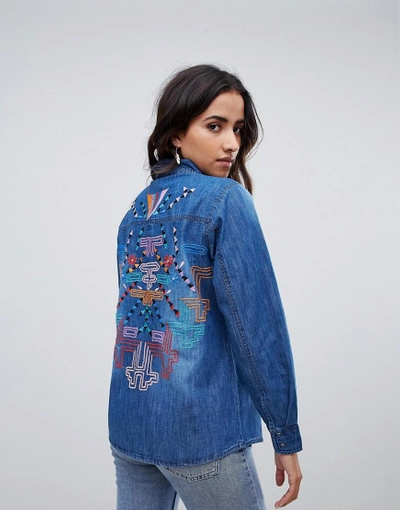 Raga Desert Tribe Embroidered Back Denim Shirt - Blue