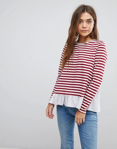 After Market Stripe Long Sleeve T-shirt With Frill Hem - Red
