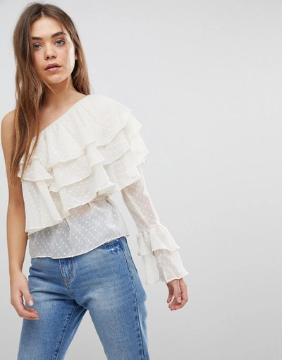 After Market One Shoulder Tiered Ruffle Top - Cream