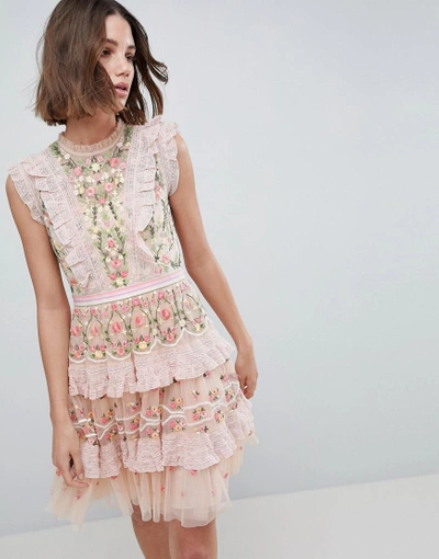 Needle & Thread High Neck Layered Mini Dress With Embroidery - Pink