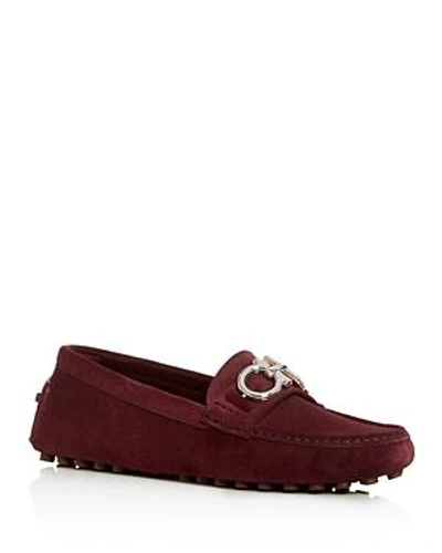 Ferragamo Women's Berra Reversible Gancini Suede Drivers In Burgundy