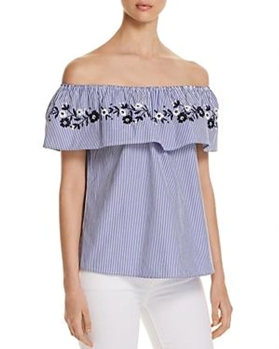 Alison Andrews Embroidered Pinstripe Off-the-shoulder Top In White/blue