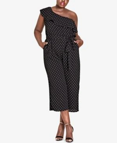 City Chic Trendy Plus Size Polka-dot One-shoulder Jumpsuit In Black