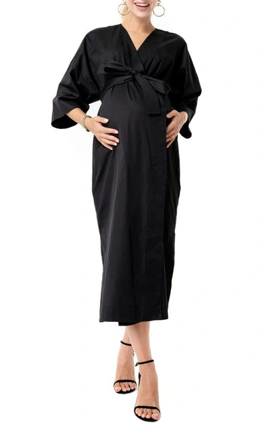 Accouchée Amaterasu Tie Belt Maternity/nursing Wrap Midi Dress In Black