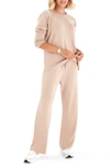 Accouchée Rib Side Zip Long Sleeve Materity/nursing Top & Lounge Pants In Beige