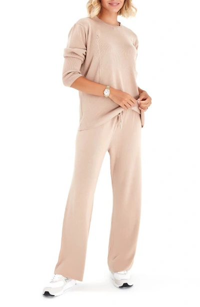 Accouchée Rib Side Zip Long Sleeve Materity/nursing Top & Lounge Pants In Beige