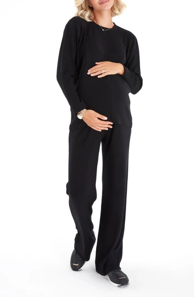 Accouchée Rib Side Zip Long Sleeve Materity/nursing Top & Lounge Pants In Black