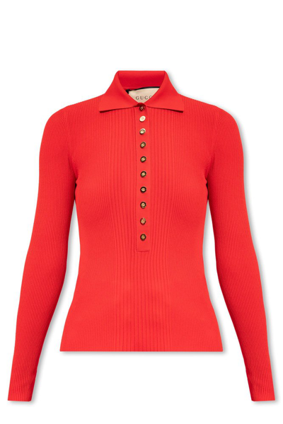 Gucci Viscose Blend Knit Polo In Red