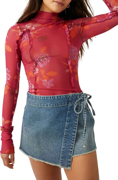 Free People Charlie Print Turtleneck Mesh Top In Red Combo