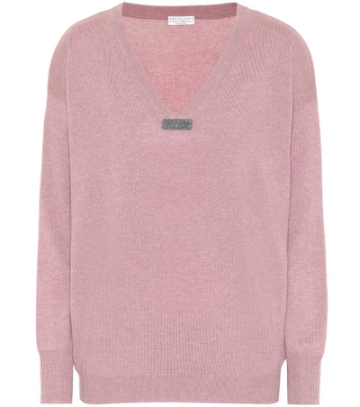 Brunello Cucinelli Embellished Cashmere Sweater In Pink