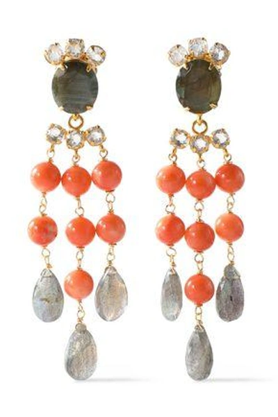 Bounkit Woman Gold-tone, Stone And Crystal Earrings Coral