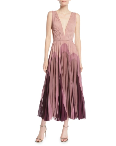 J Mendel Sleeveless Plunging Pleated Silk Dress In Lavender