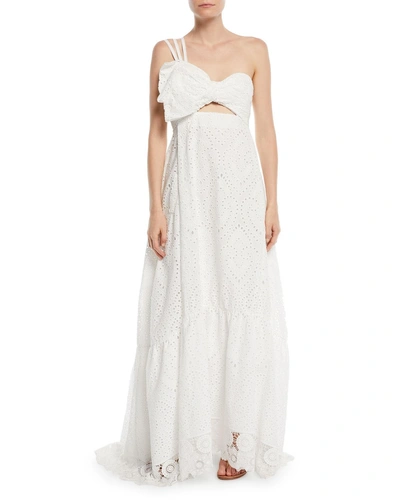 Johanna Ortiz One-shoulder Cotton Eyelet Maxi Dress W/ Bow Top In Off White