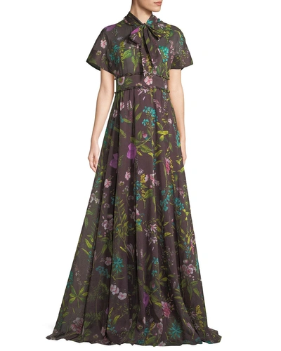 Lela Rose Tie-bow Short-sleeve Floral-print Gown In Green Pattern