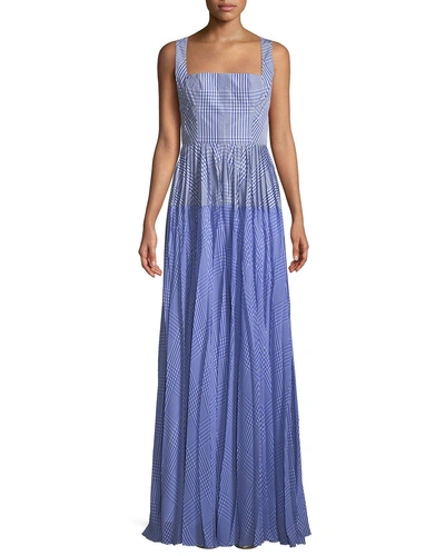 Lela Rose Square-neck Sleeveless Plaid Gown With Pleated Skirt In Blue Pattern