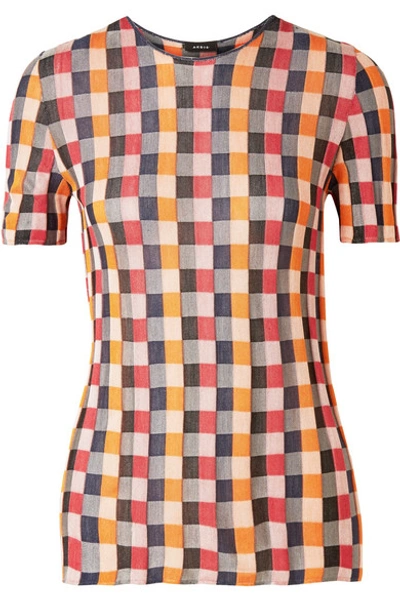 Akris Round-neck Short-sleeve Check Silk Knit Pullover In Orange