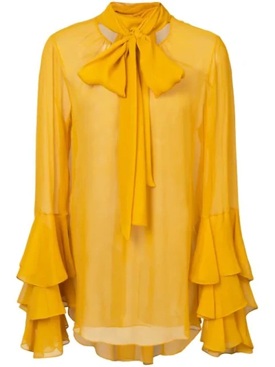 Prabal Gurung Tie-neck Tiered-sleeve Silk Georgette Blouse In Yellow