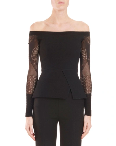 Roland Mouret Off-the-shoulder Peplum Knit Top With Lace Sleeves In Black