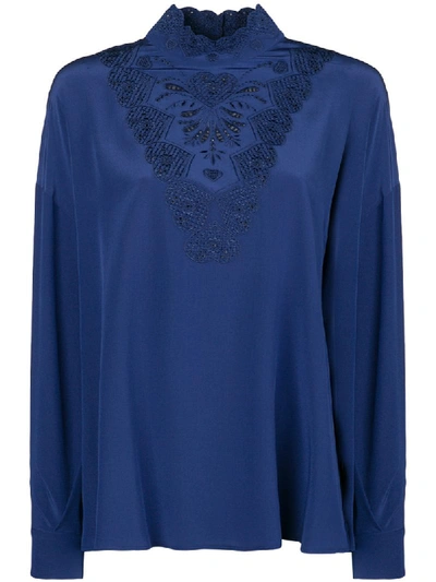 Fendi Long-sleeve High-neck Silk Blouse With Heart Embroidery In Blue