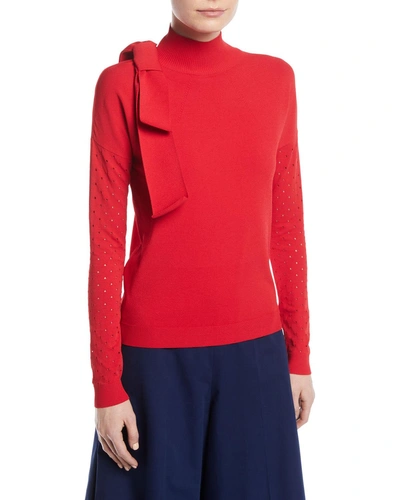 Delpozo Turtleneck Perforated-sleeve Bow-shoulder Knit Top In Red