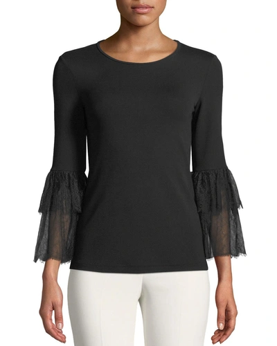Michael Kors Lace-bell-sleeve Stretch Matte Jersey Top In Black