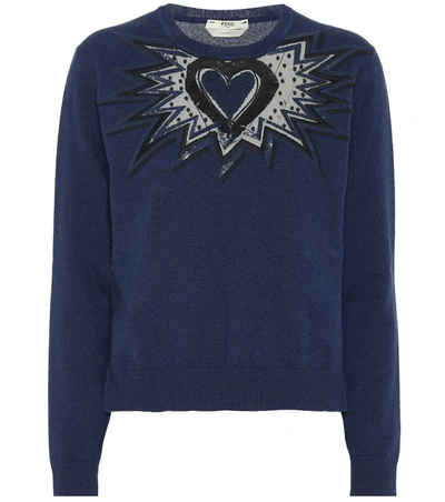 Fendi Heart Sequin Embroidery Long-sleeve Cashmere Sweater In Blue