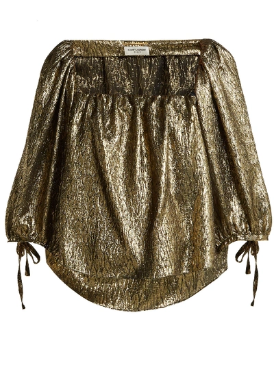 Saint Laurent Square-neck Golden-jacquard Metallic-silk Blouse