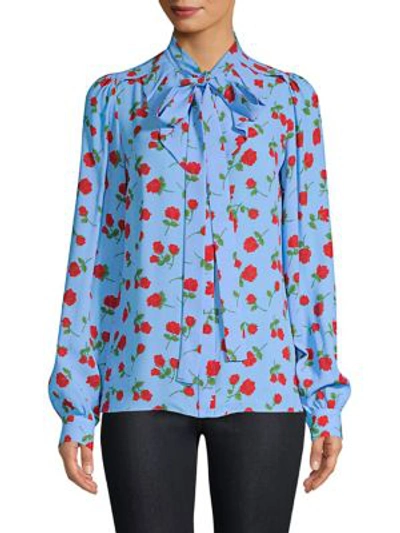 Michael Kors Button-down Tie-neck Scattered Rose-print Silk Georgette Blouse In Blue Multi