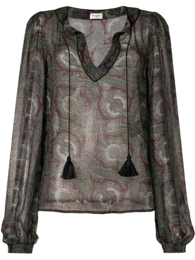 Saint Laurent Tassel-tie Neck Paisley-print Sheer Wool Blouse In Green Multicolor