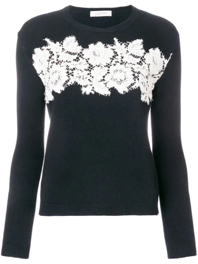Valentino Long-sleeve Crewneck Wool-cashmere Sweater With Lace Inserts In Nero Avorionero