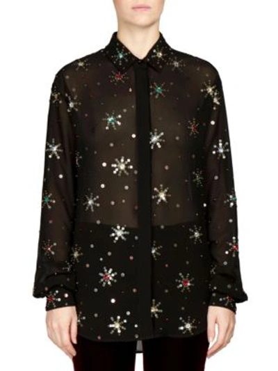 Saint Laurent Multicolor Starburst-embellishment Button-down Long-sleeve Silk Blouse In Black