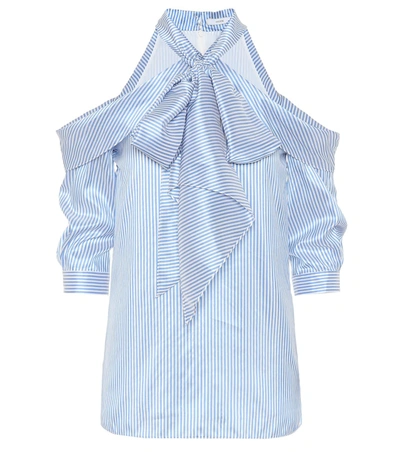 Erdem Elin Striped Silk Cold-shoulder Tie-neck Top In Light Blue