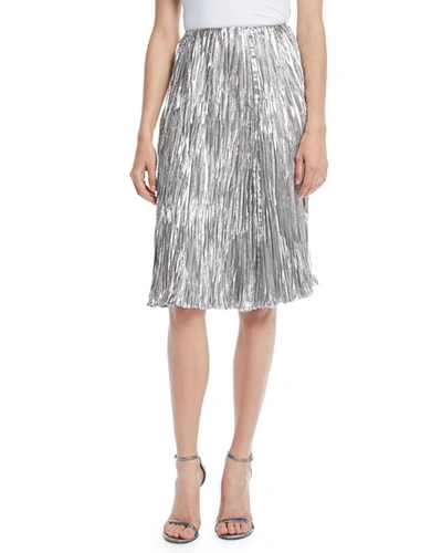 Ralph Lauren Kieman Metallic Pleated Knee-length Cocktail Skirt In Silver