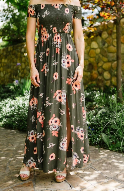 Apricot Poppy & Daisy Floral Maxi In Olive In Green