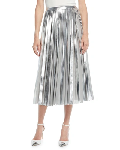 Ralph Lauren Nevina Metallic-pleated Midi Skirt In Gray