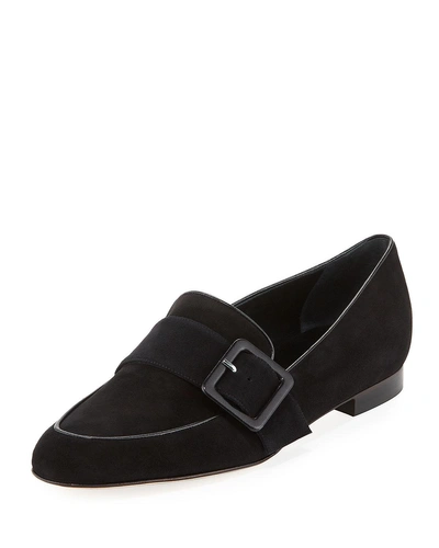 Manolo Blahnik Teno Flat Suede Buckle Loafer In Black