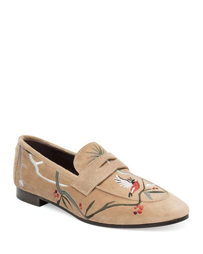 Bougeotte Embroidered Suede Penny Loafer, Wine In Beige