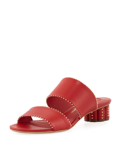 Ferragamo Bellino Calfskin Leather Studded Slide Sandals, Red